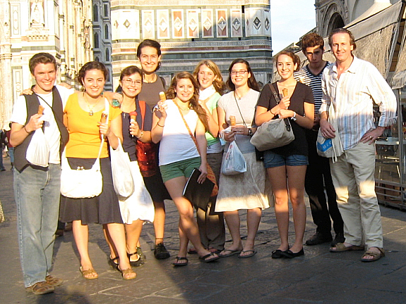 Students enjoying the essential gelato with Mac Manus at Giotto’s Campanile in Florence.